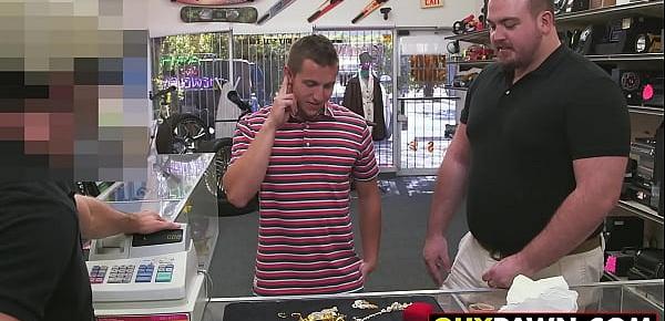  Handsome guy given money to fuck two homo pawn shop workers